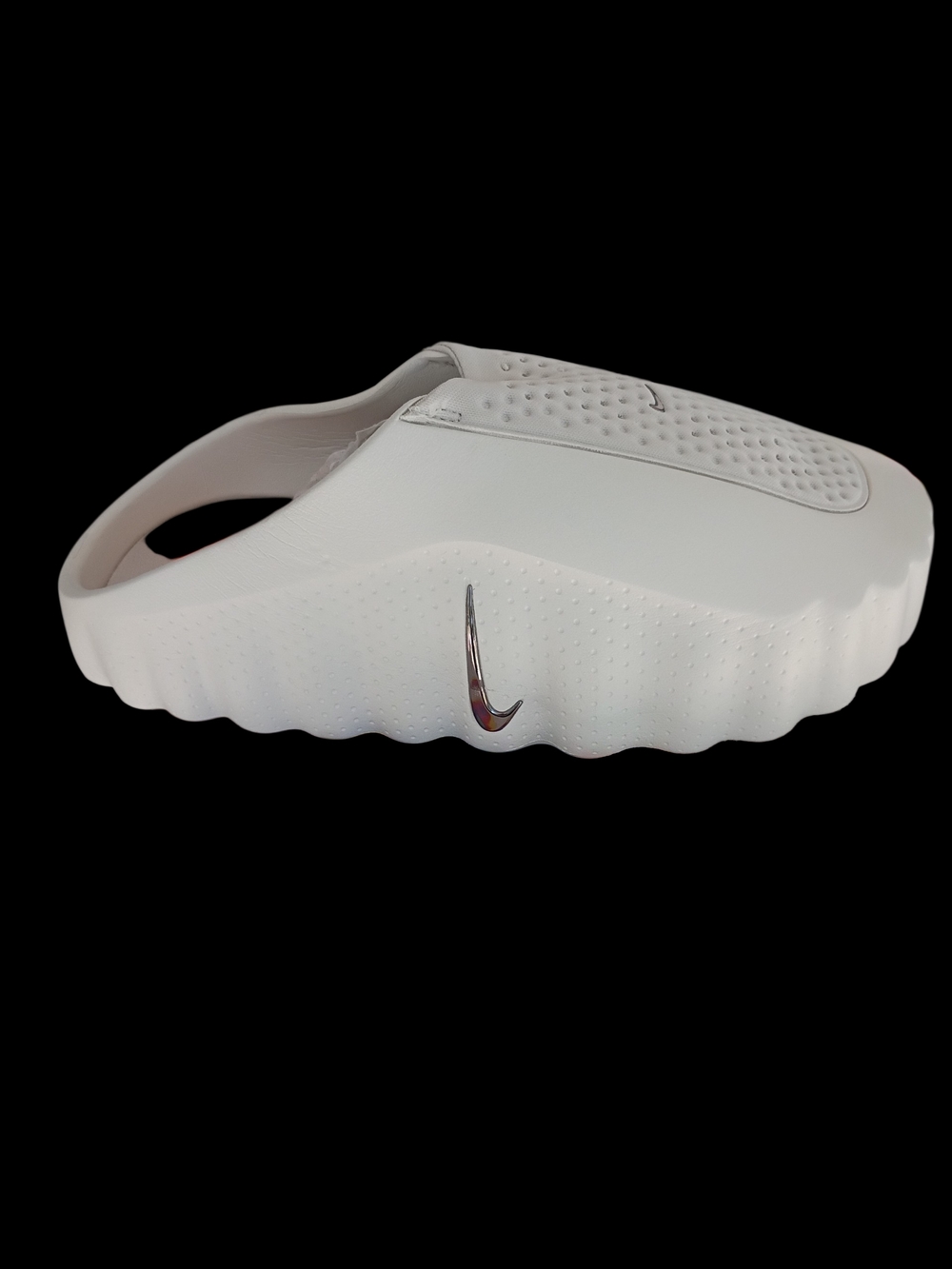 Nike White Molded Slide Sandal with Silver Swoosh